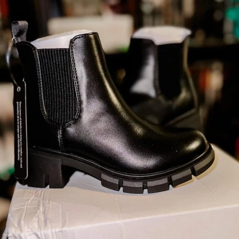 🆕Girls Black Polyurethane Cowgirl Ankle Comfortable Slip on Lug Sole Boot